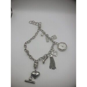Vintage Silver Tone Charm Bracelet Watch Heart Shoe Jewelry Costume